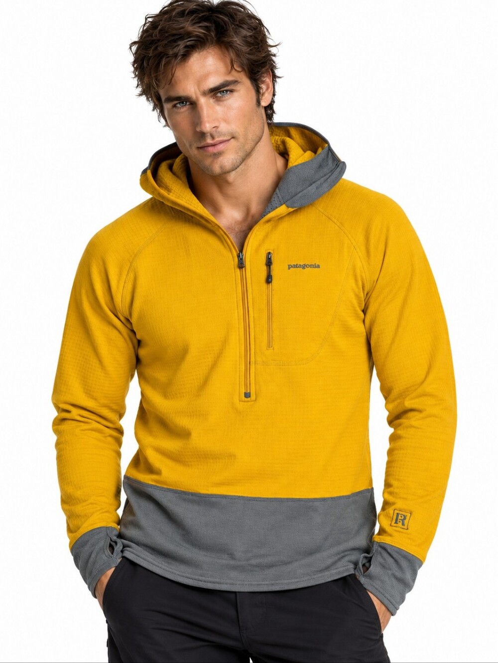 Patagonia R1 Hoody Men’s S Yellow Gray Polartec Power Dry Grid Fleece Pullover